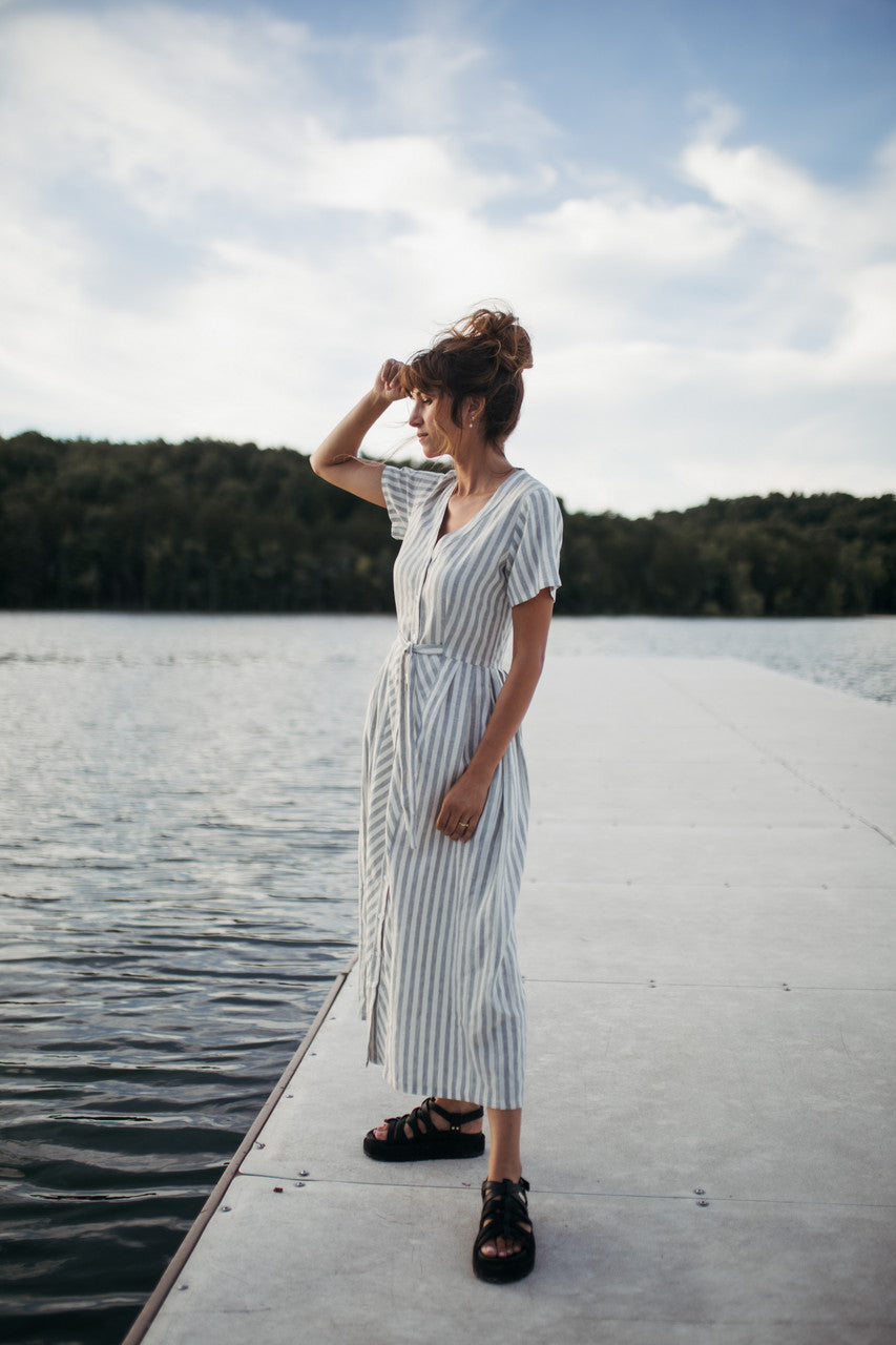 June Dress in Green and White Stripe Linen - Pre-Order 2/30