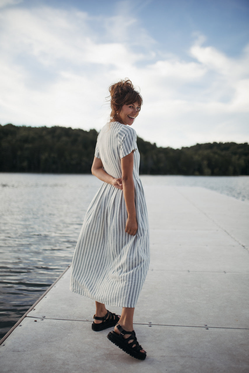 June Dress in Green and White Stripe Linen - Pre-Order 2/30