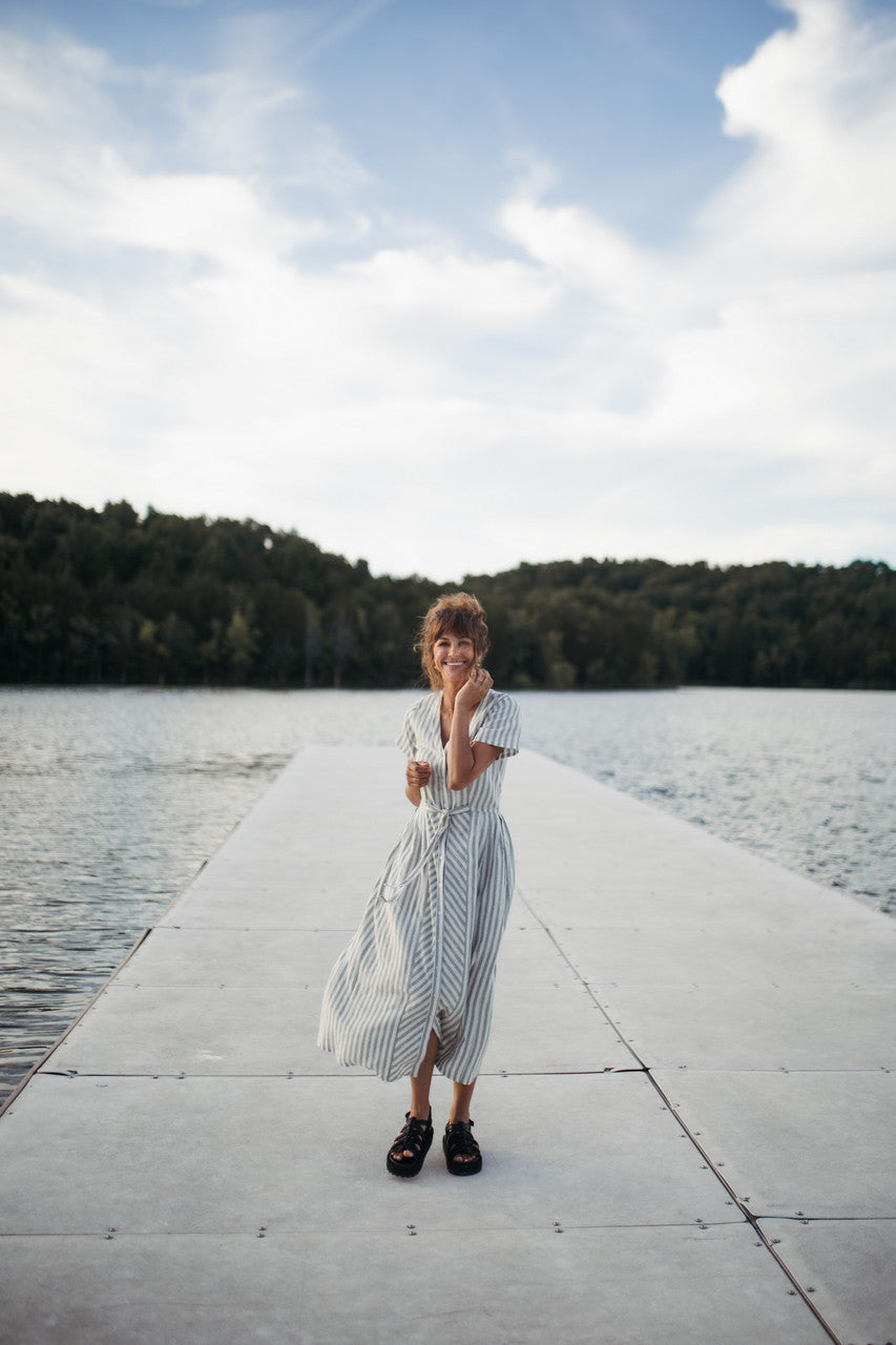 June Dress in Green and White Stripe Linen - Pre-Order 2/30