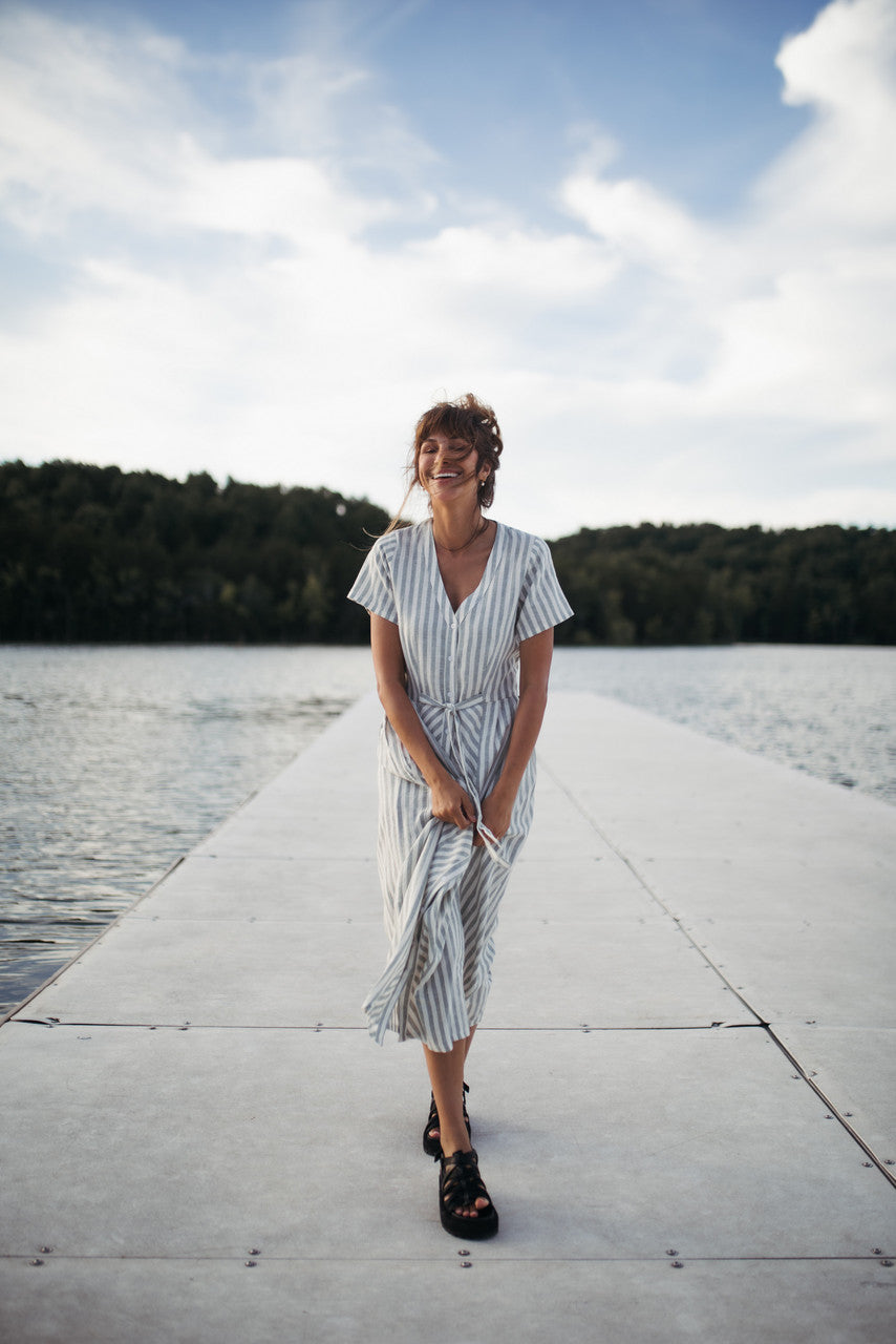 June Dress in Green and White Stripe Linen - Pre-Order 2/30