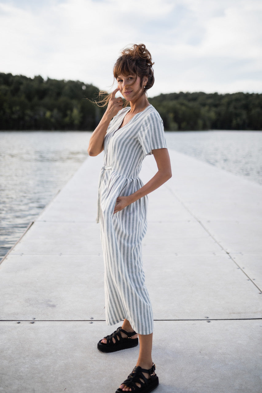 June Dress in Green and White Stripe Linen M June Dress in Green and White Stripe Linen M