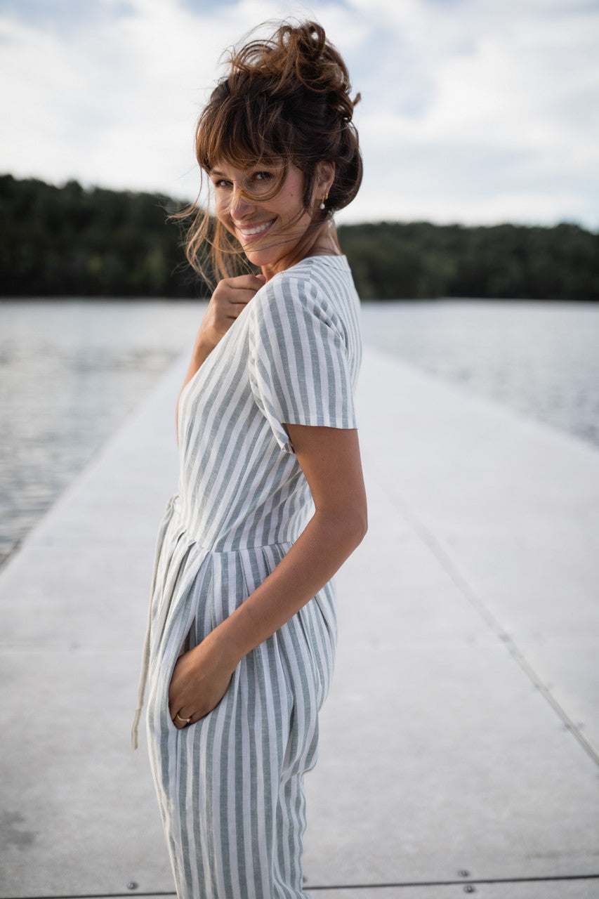 June Dress in Green and White Stripe Linen - Pre-Order 2/30