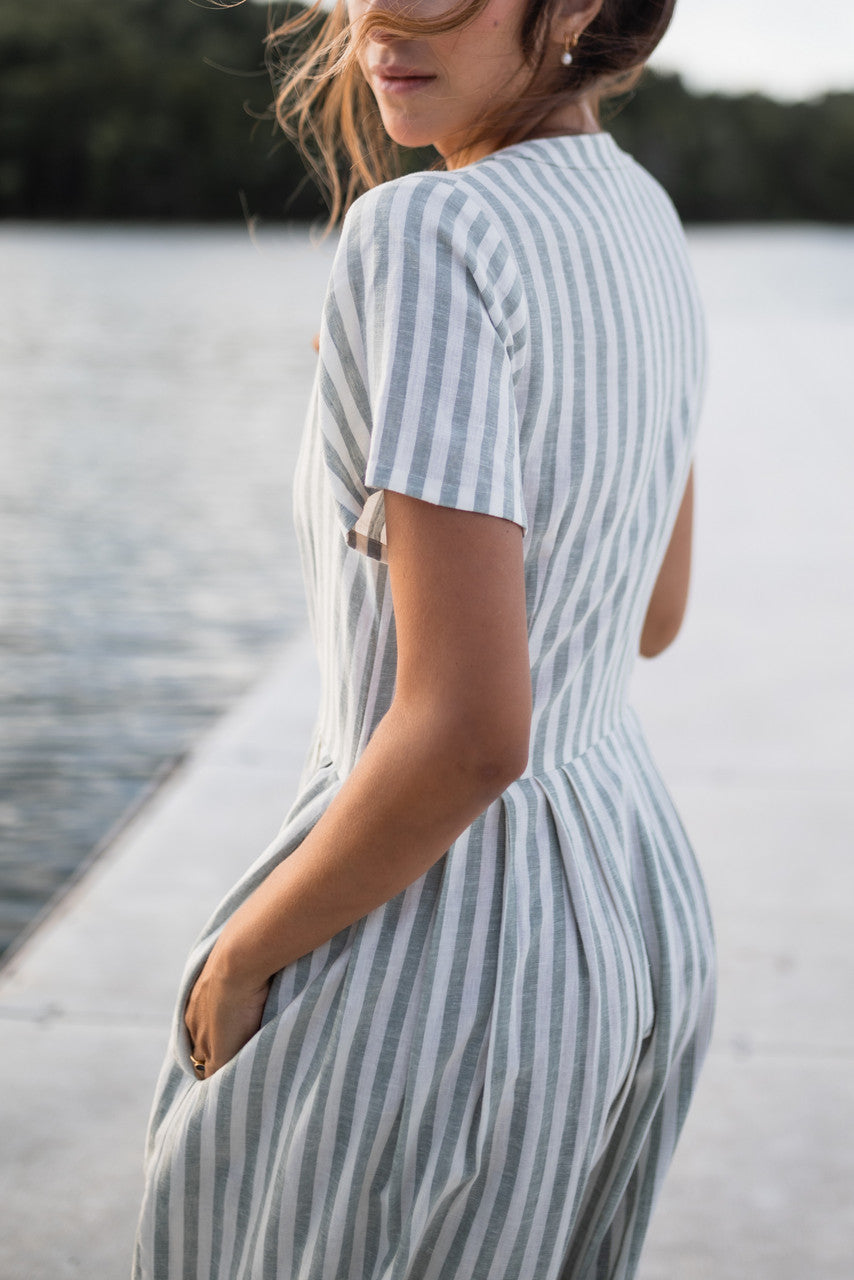 June Dress in Green and White Stripe Linen - Pre-Order 2/30