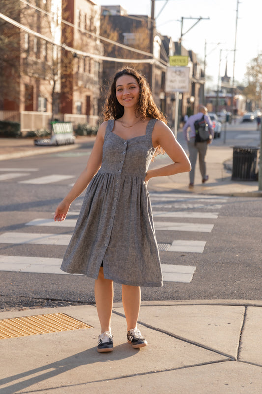 Mia Linen Dress in Grey/Blue Chambray