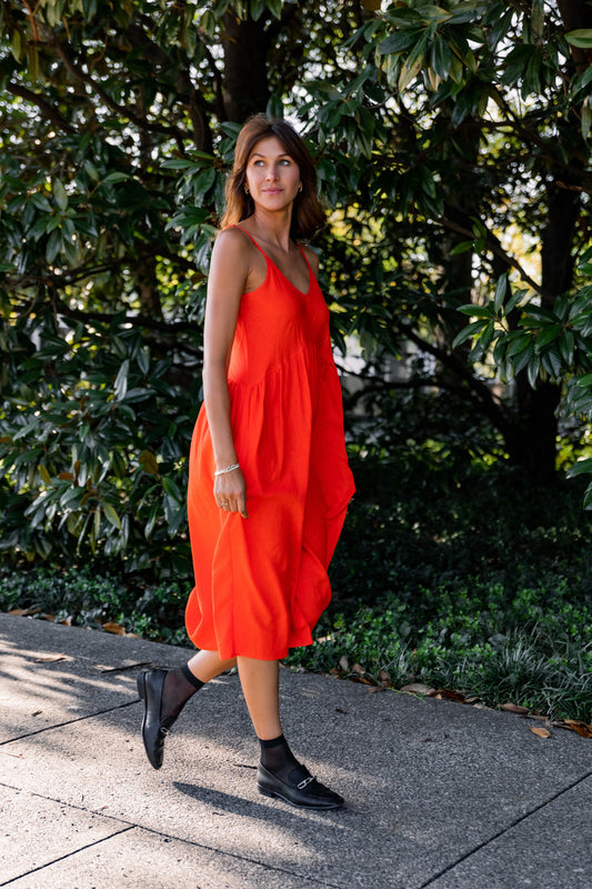 Faro Dress in Recycled Blood Orange Linen - M and L Left