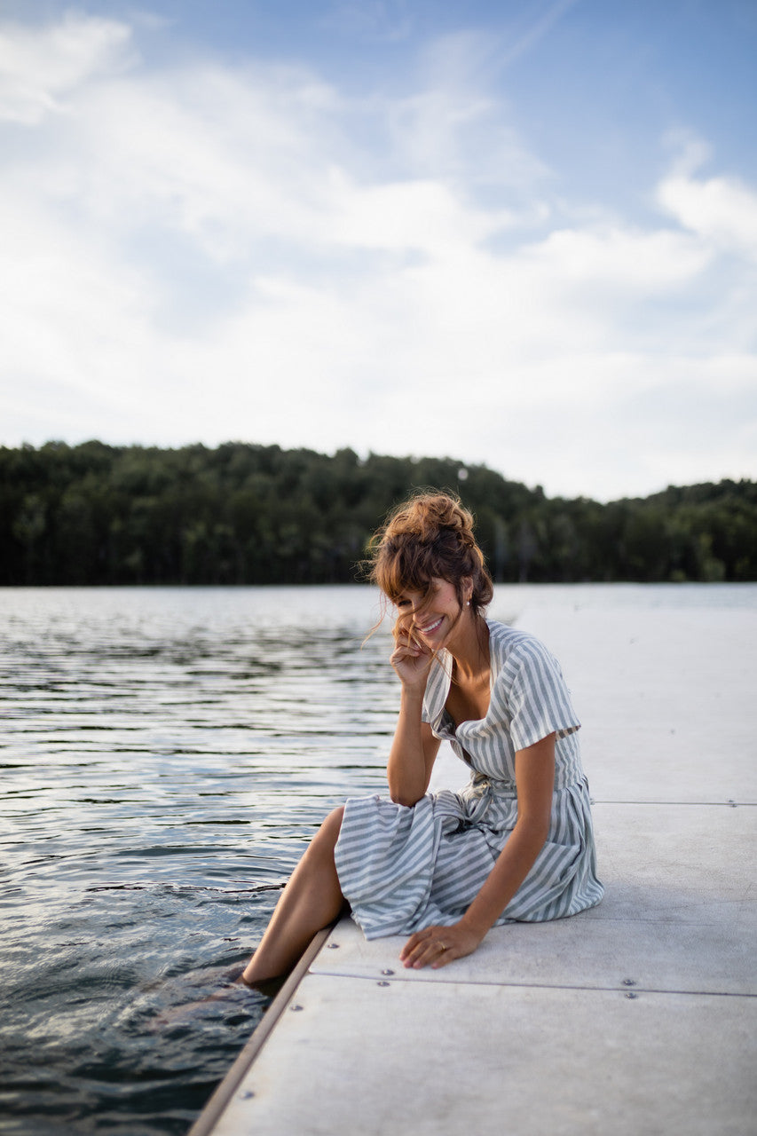 June Dress in Green and White Stripe Linen - Pre-Order 2/30