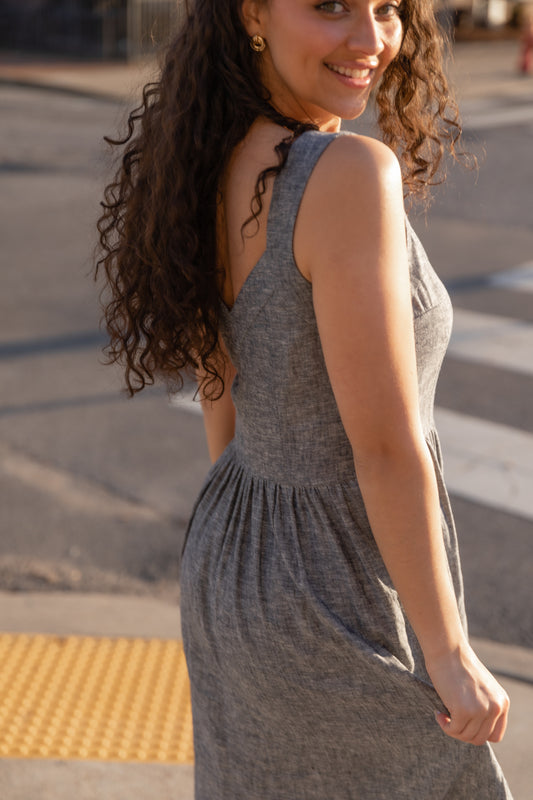 Mia Linen Dress in Grey/Blue Chambray