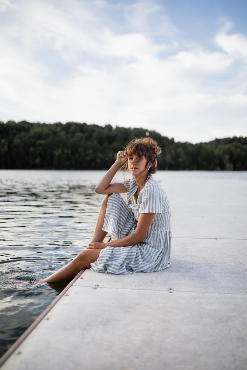 June Dress in Green and White Stripe Linen - Pre-Order 2/30