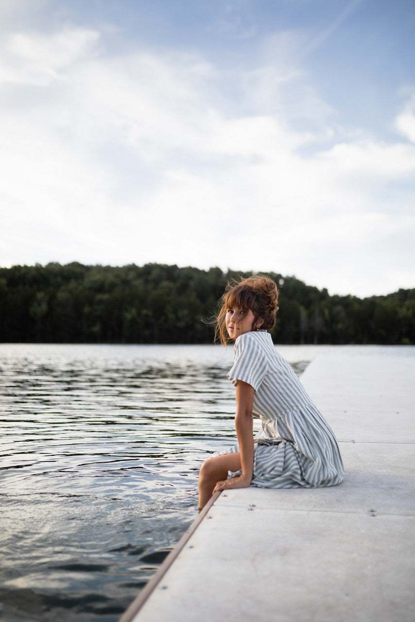 June Dress in Green and White Stripe Linen - Pre-Order 2/30