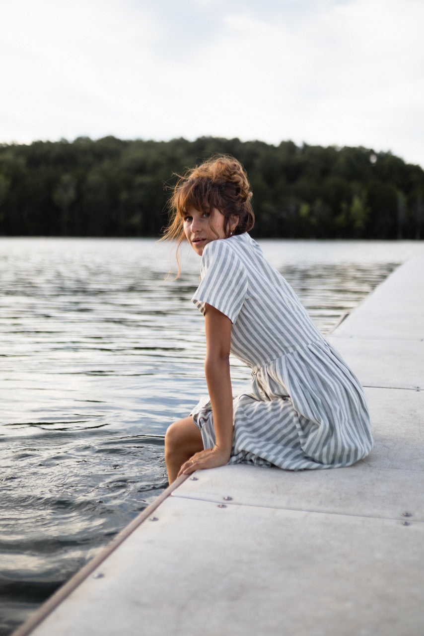 June Dress in Green and White Stripe Linen - Pre-Order 2/30