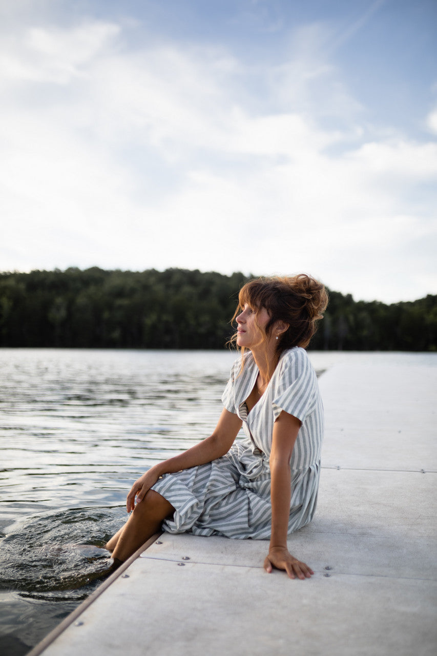 June Dress in Green and White Stripe Linen - Pre-Order 2/30