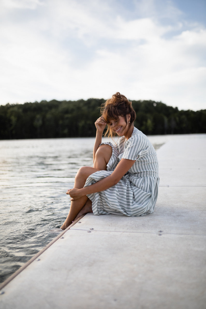 June Dress in Green and White Stripe Linen - Pre-Order 2/30