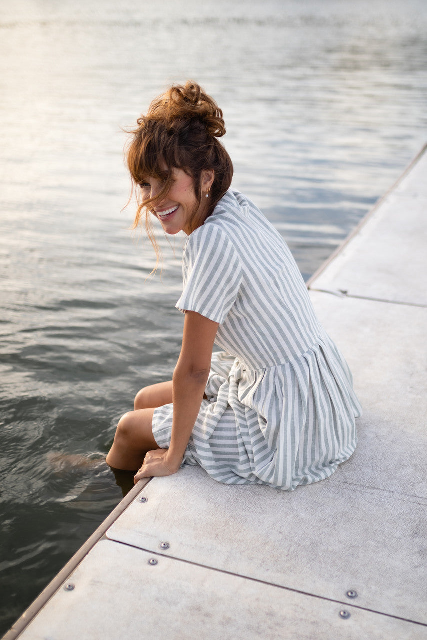 June Dress in Green and White Stripe Linen - Pre-Order 2/30