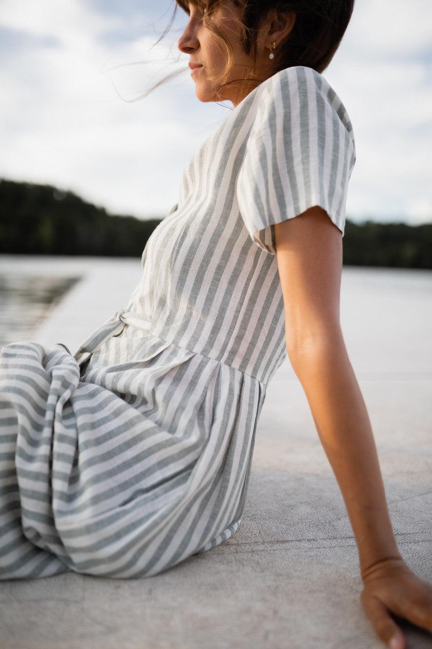 June Dress in Green and White Stripe Linen - Pre-Order 2/30