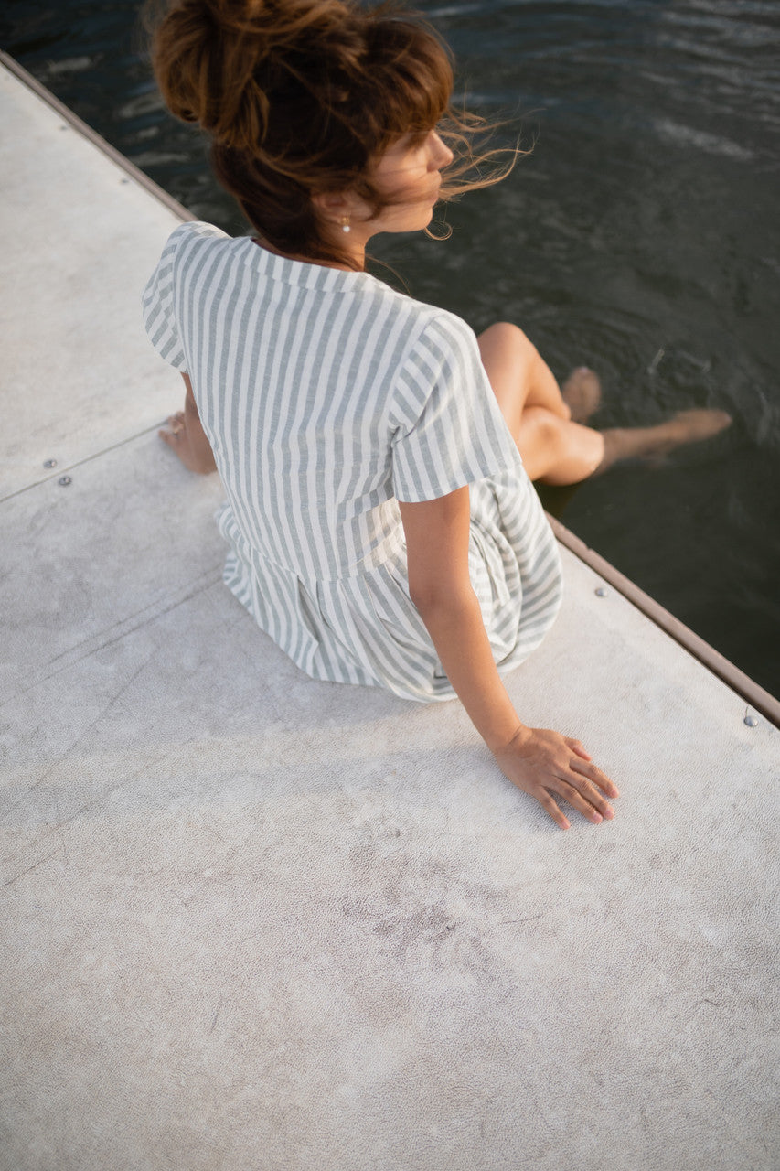 June Dress in Green and White Stripe Linen - Pre-Order 2/30