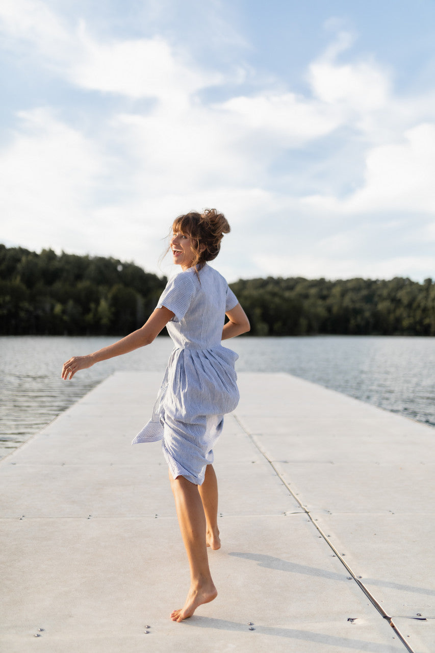 June Dress in Blue and White Stripe Linen/Cotton - Pre-Order 2/30