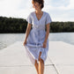 June Dress in Blue and White Stripe Linen/Cotton Made to Order