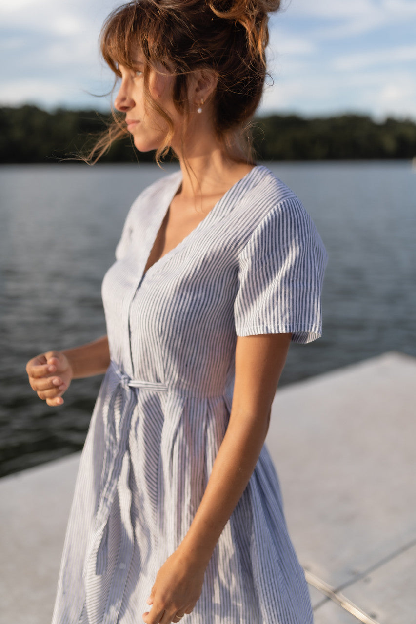 June Dress in Blue and White Stripe Linen/Cotton - Pre-Order 2/30