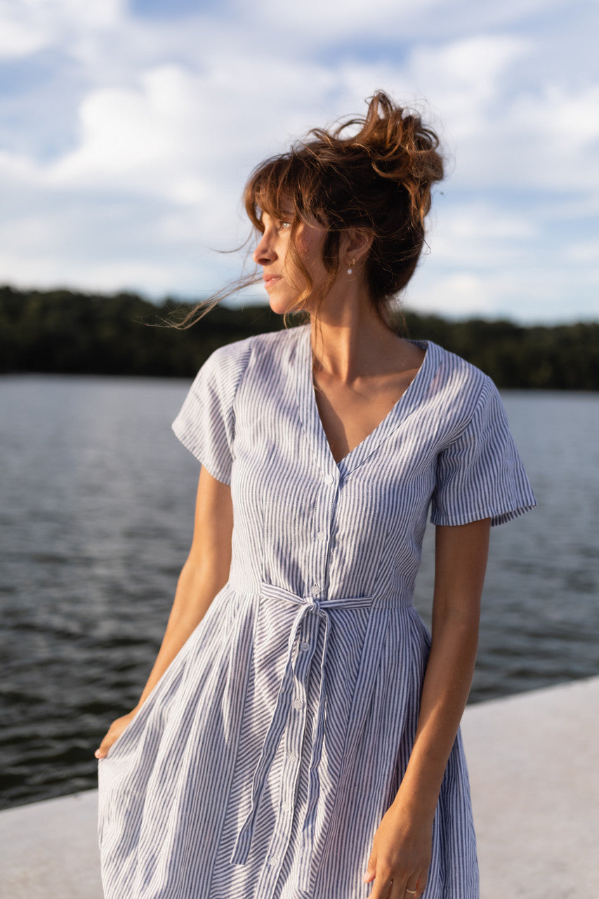 June Dress in Blue and White Stripe Linen/Cotton - Pre-Order 2/30