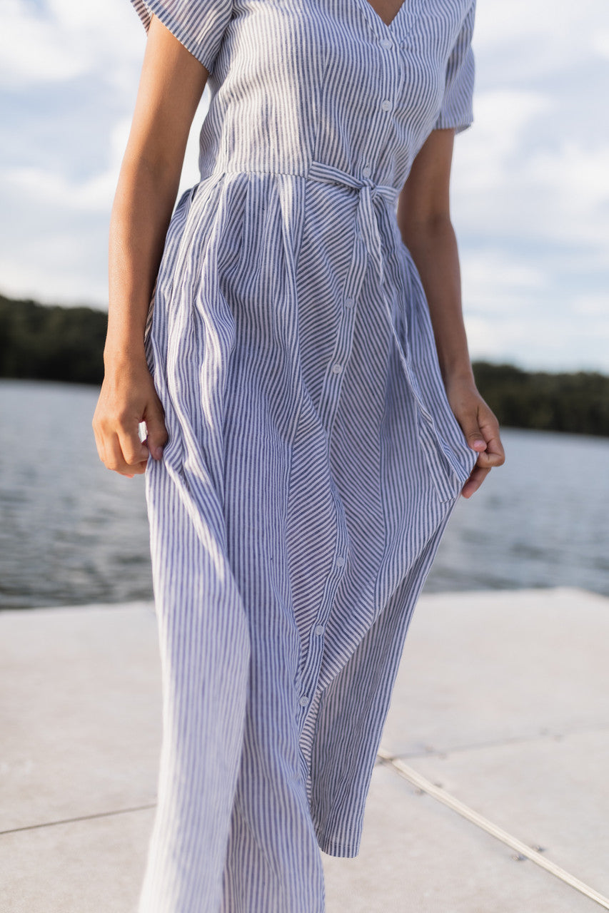 June Dress in Blue and White Stripe Linen/Cotton - Pre-Order 2/30