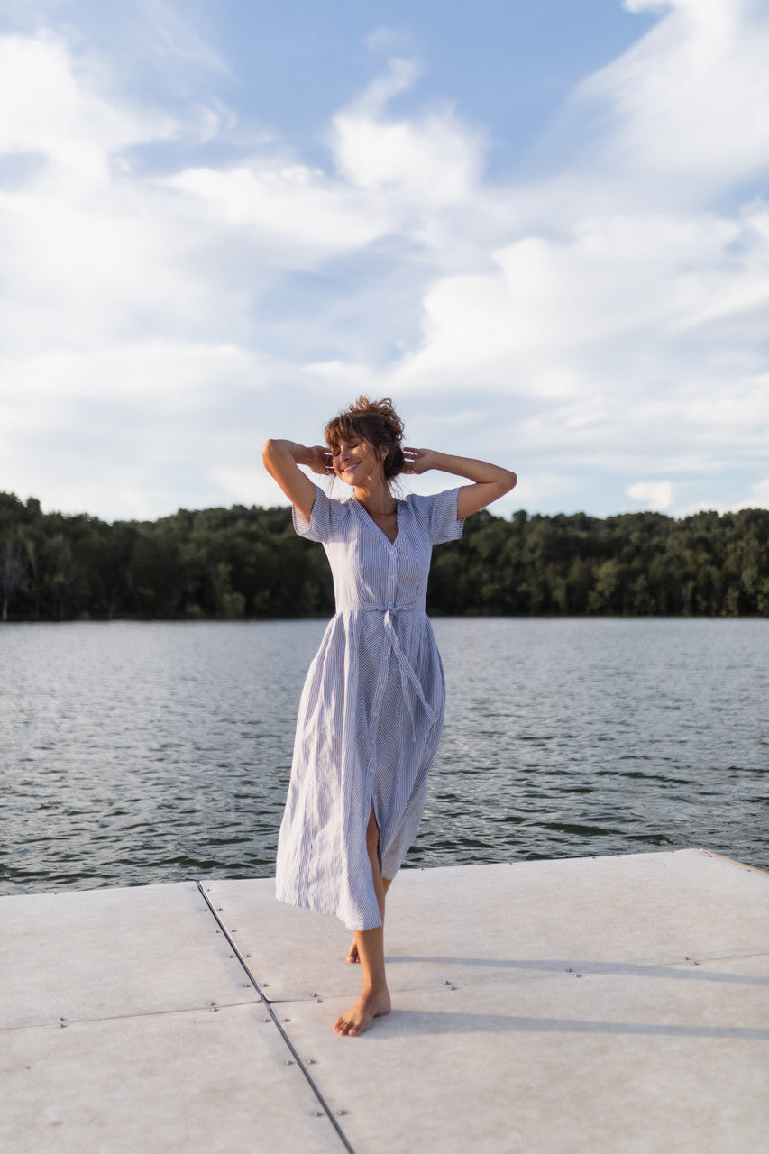 June Dress in Blue and White Stripe Linen/Cotton - Pre-Order 2/30