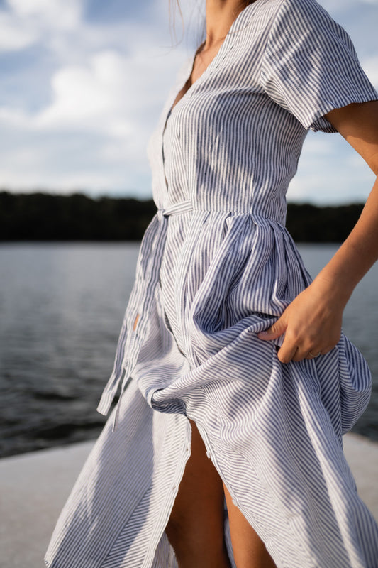 June Dress in Blue and White Stripe Linen/Cotton