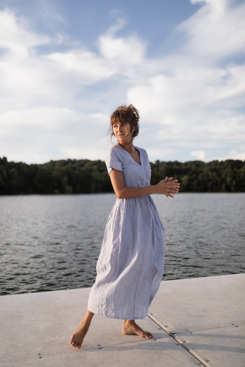 June Dress in Blue and White Stripe Linen/Cotton - Pre-Order 2/30