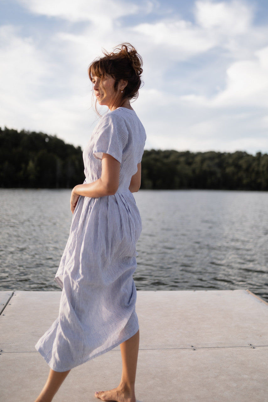 June Dress in Blue and White Stripe Linen/Cotton - Pre-Order 2/30