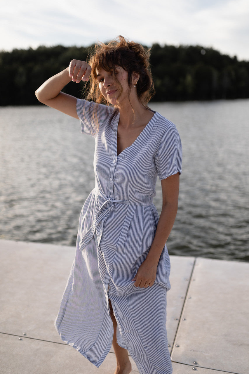 June Dress in Blue and White Stripe Linen/Cotton - Pre-Order 2/30