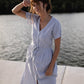 June Dress in Blue and White Stripe Linen/Cotton Made to Order