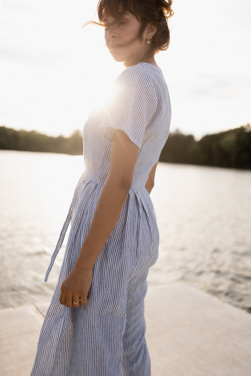 June Dress in Blue and White Stripe Linen/Cotton - Pre-Order 2/30