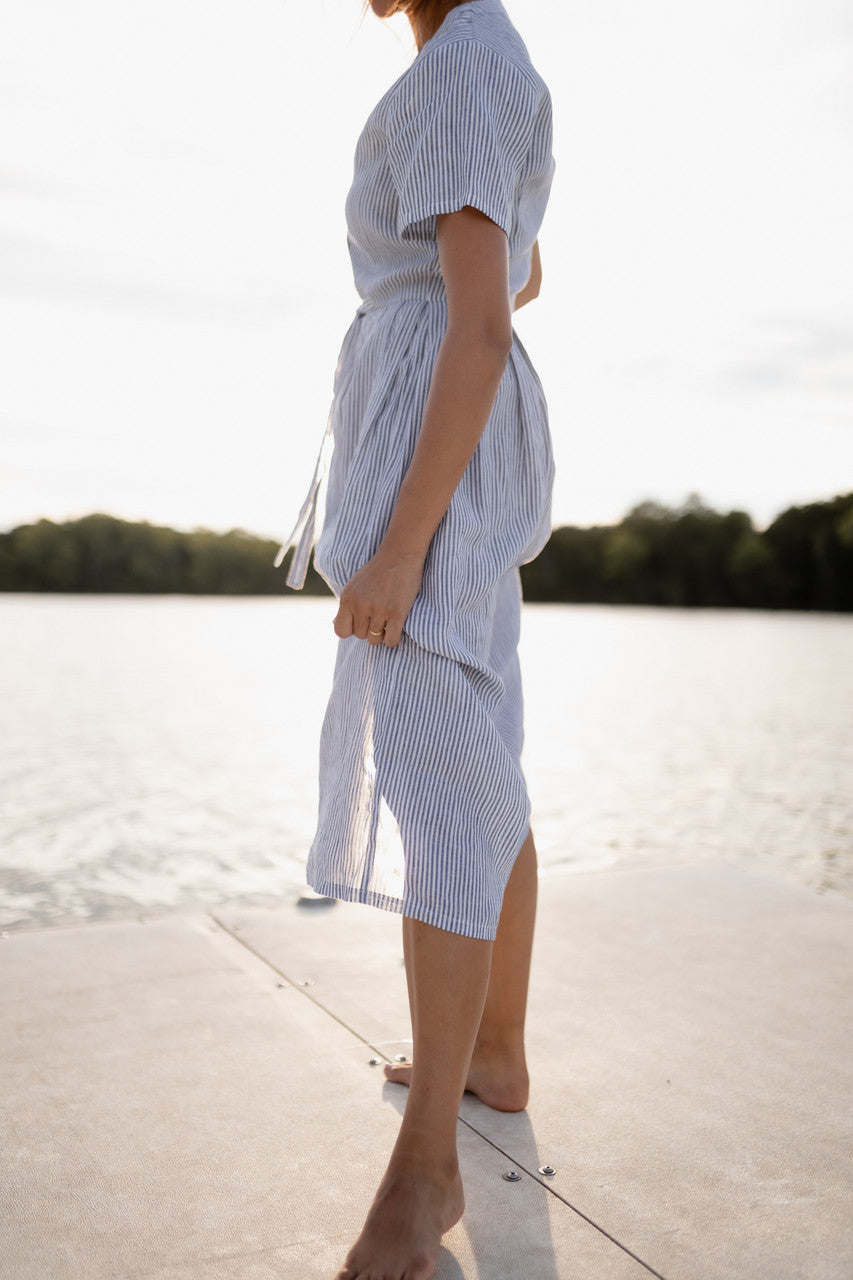 June Dress in Blue and White Stripe Linen/Cotton - Pre-Order 2/30