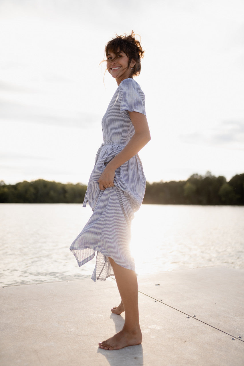 June Dress in Blue and White Stripe Linen/Cotton - Pre-Order 2/30