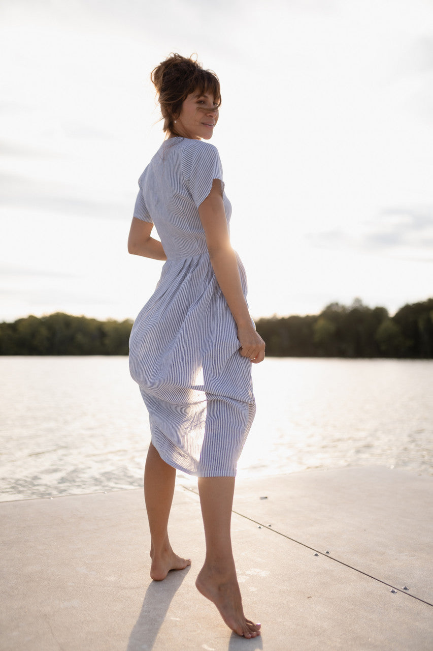 June Dress in Blue and White Stripe Linen/Cotton - Pre-Order 2/30