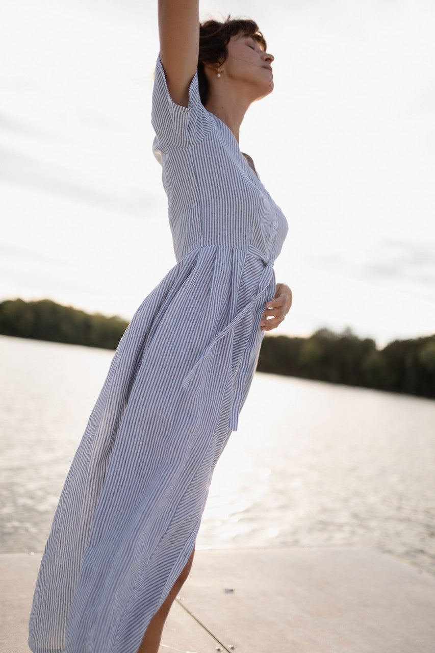 June Dress in Blue and White Stripe Linen/Cotton - Pre-Order 2/30