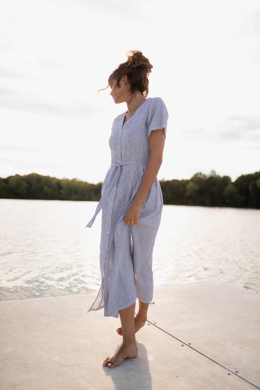 June Dress in Blue and White Stripe Linen/Cotton - Pre-Order 2/30