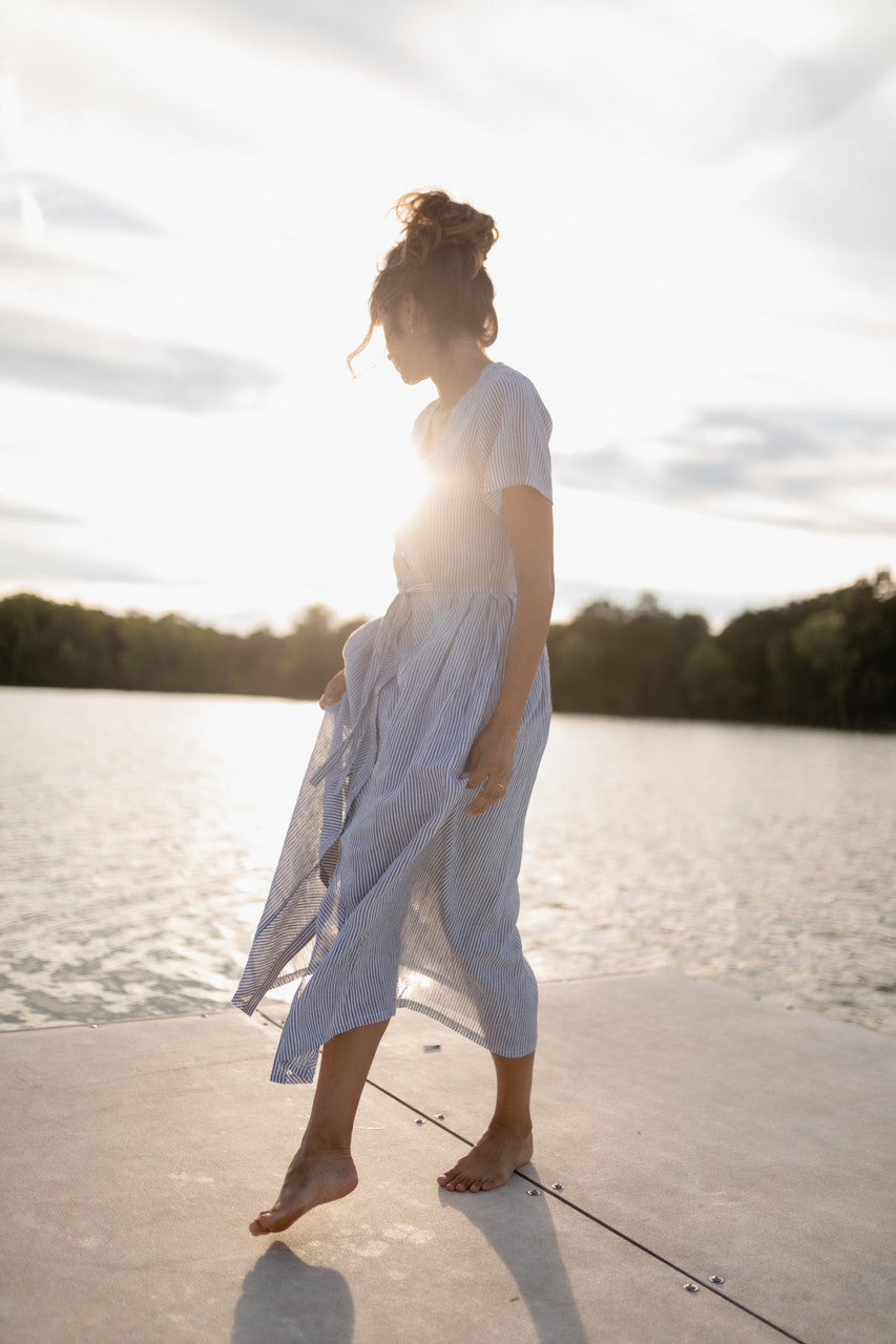 June Dress in Blue and White Stripe Linen/Cotton - Pre-Order 2/30