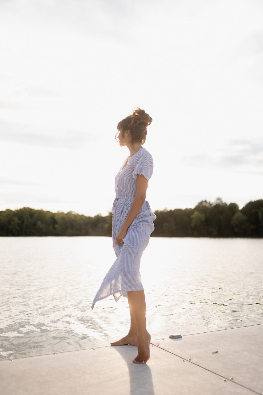 June Dress in Blue and White Stripe Linen/Cotton - Pre-Order 2/30