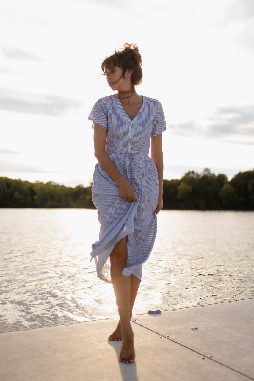 June Dress in Blue and White Stripe Linen/Cotton - Pre-Order 2/30