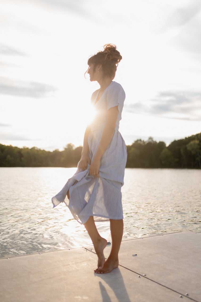 June Dress in Blue and White Stripe Linen/Cotton - Pre-Order 2/30