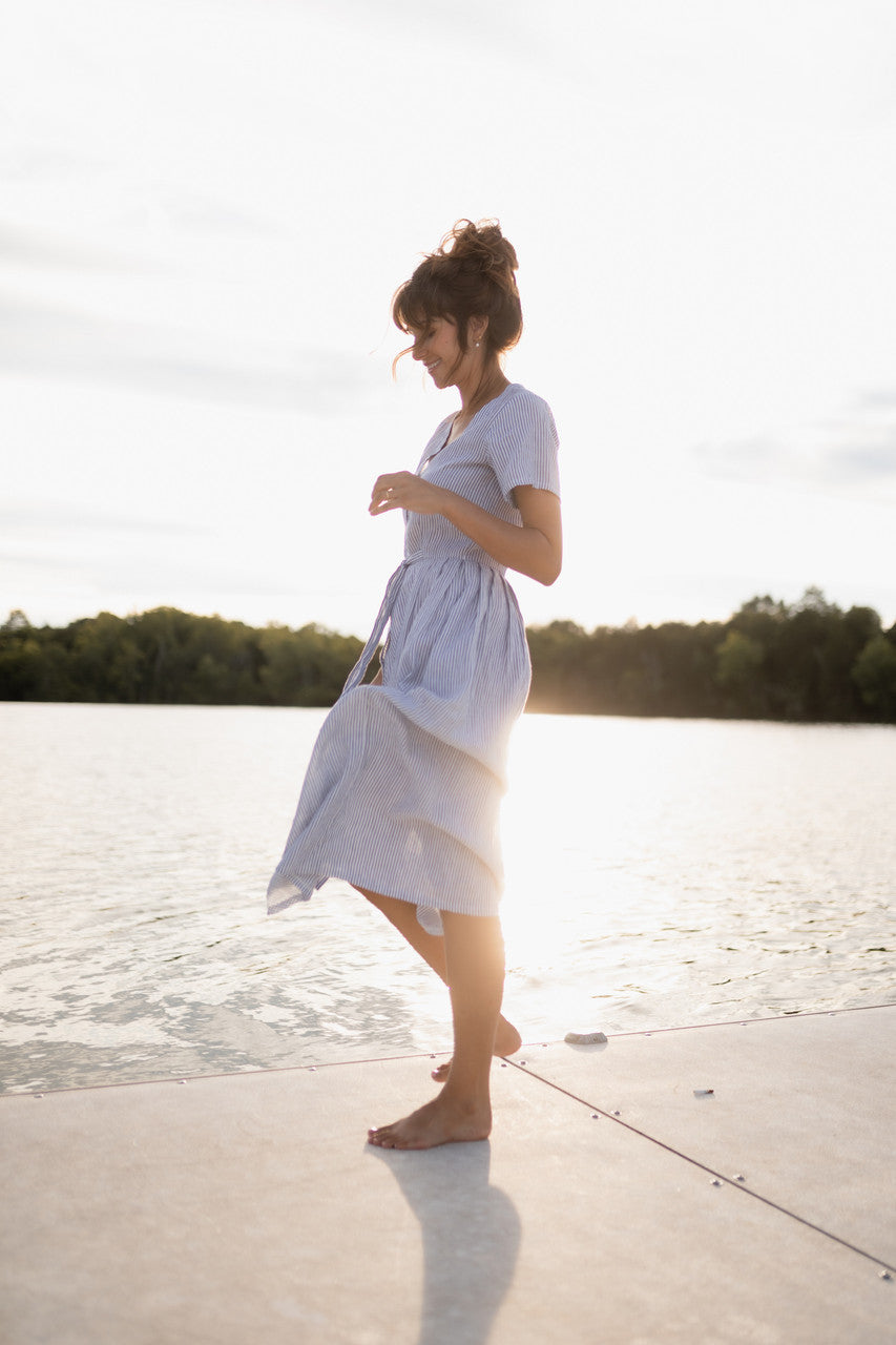 June Dress in Blue and White Stripe Linen/Cotton - Pre-Order 2/30