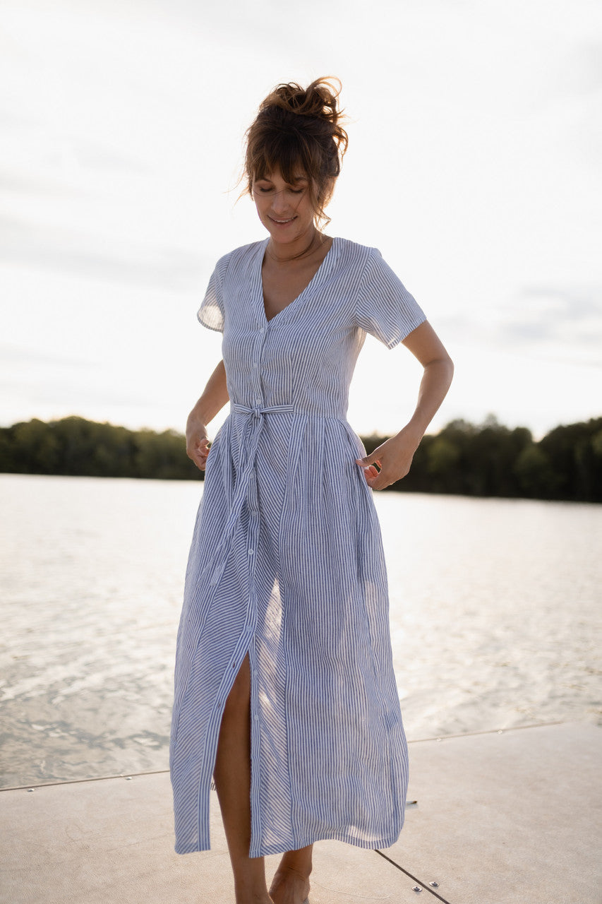 June Dress in Blue and White Stripe Linen/Cotton - Pre-Order 2/30