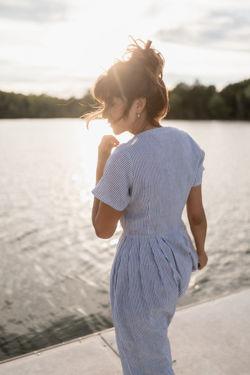 June Dress in Blue and White Stripe Linen/Cotton - Pre-Order 2/30