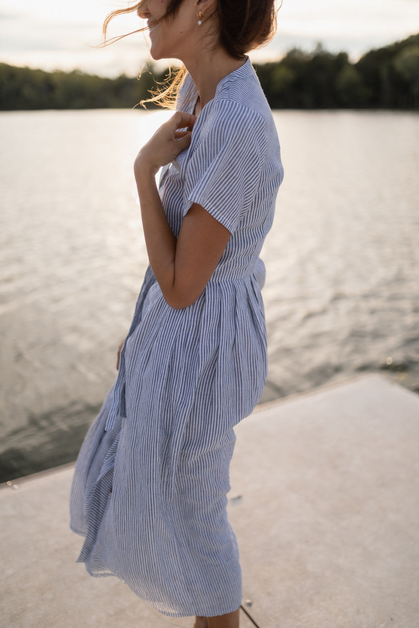 June Dress in Blue and White Stripe Linen/Cotton - Pre-Order 2/30