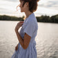 June Dress in Blue and White Stripe Linen/Cotton Made to Order