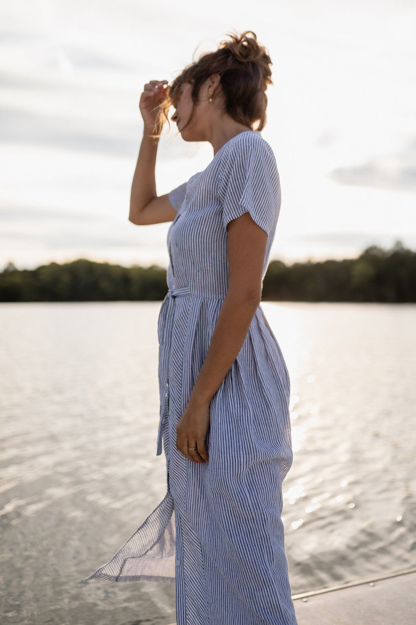 June Dress in Blue and White Stripe Linen/Cotton - Pre-Order 2/30