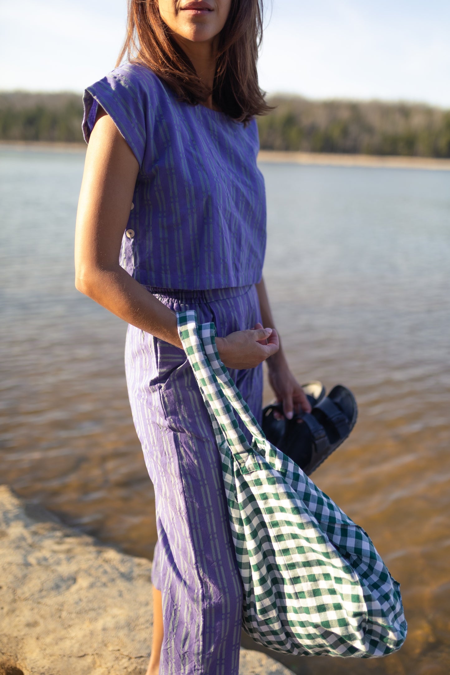 Katie Handwoven Cotton Crop Set in Periwinkle and Kelly Green