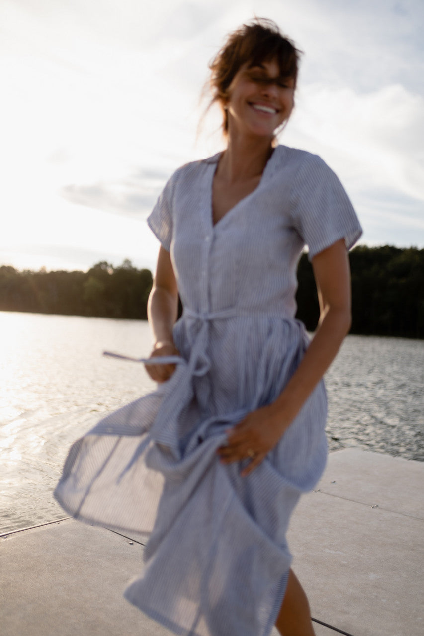 June Dress in Blue and White Stripe Linen/Cotton - Pre-Order 2/30