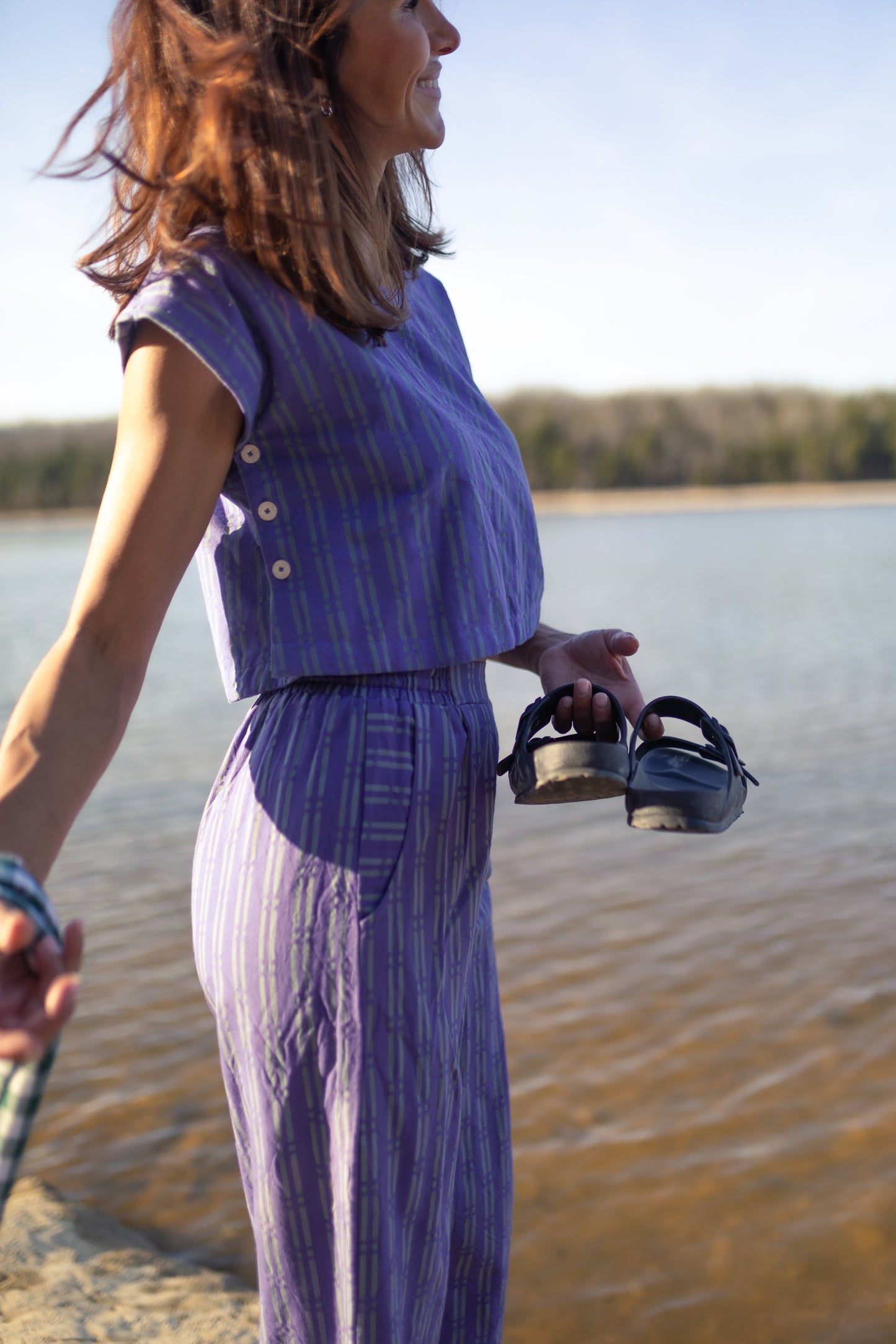 Katie Handwoven Cotton Crop Set in Periwinkle and Kelly Green