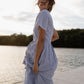 June Dress in Blue and White Stripe Linen/Cotton Made to Order